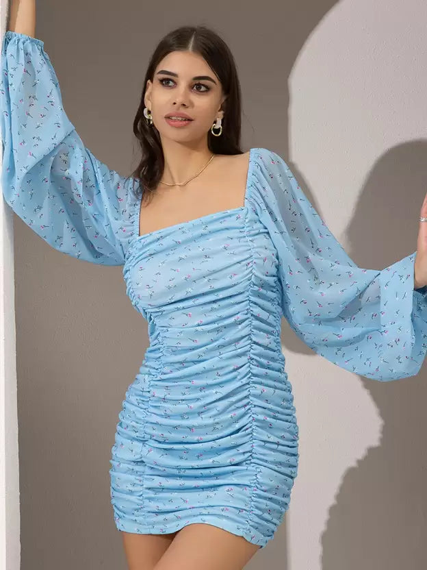 LANTERN SLEEVE FLORAL PRINT BODYCON DRESS