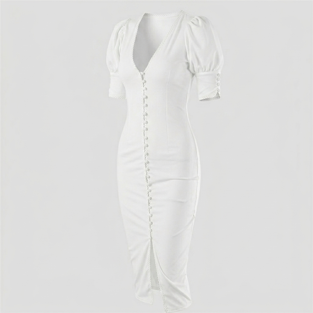 WHITE BUTTON DOWN BODYCON MIDI DRESS